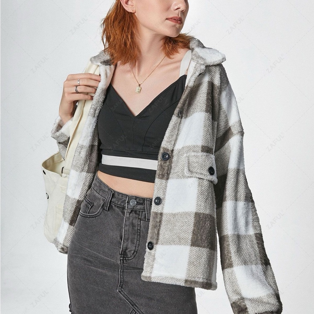 SHEIN Plaid Teddy Jacket in Grey and White